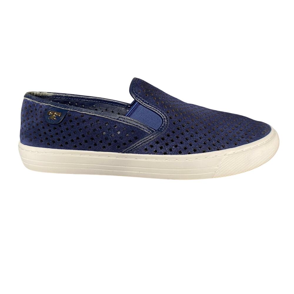 Tory Burch Slip on Sneakers Women Sz 8.5 Blue Suede Perforated Loafer